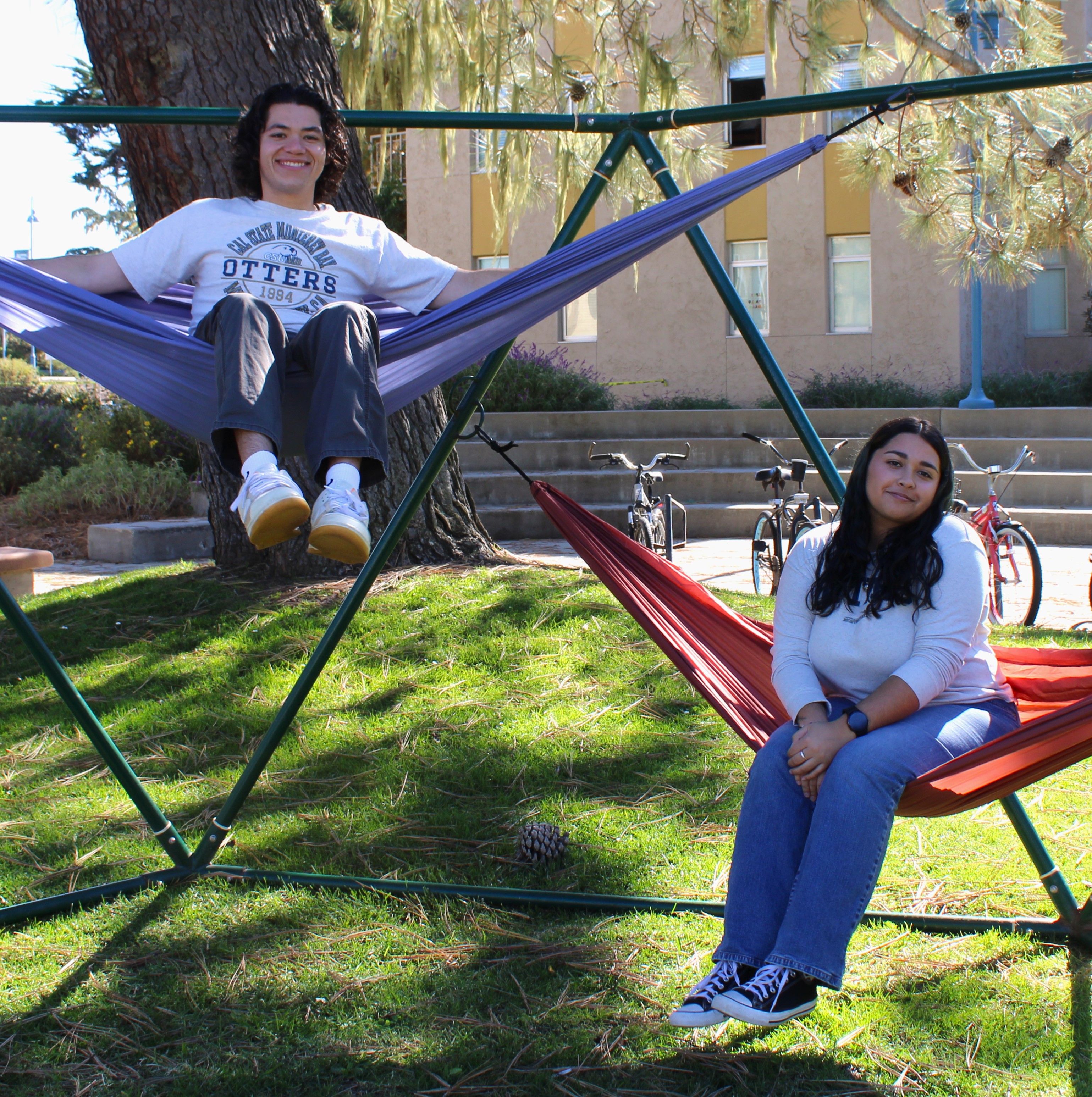 Two students sitting on hammocks hung from a hammock structure on campus under a tree.