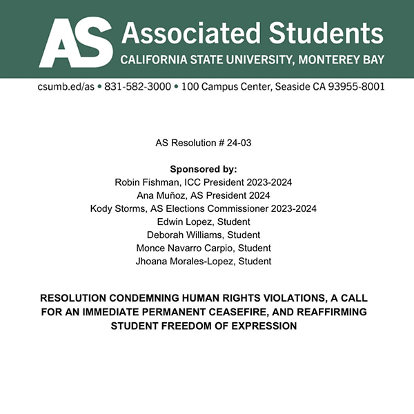 AS Resolution #24-03 Resolution condemning human rights violations, a call for an immediate permanent ceasefire, and reaffirming student freedom of expression