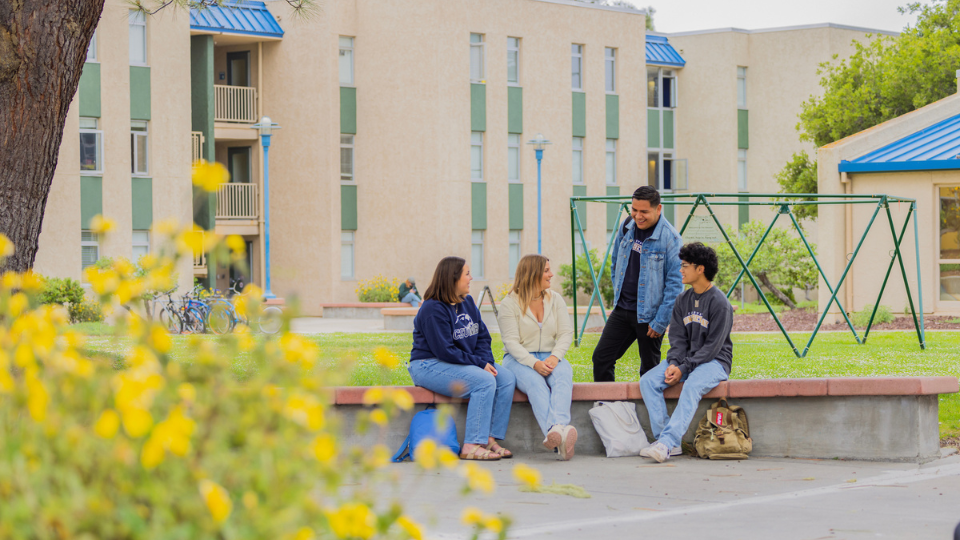 Group of students hanging out in from of housing buildings