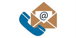 Blue phone hand set and a brown email envelope with the @ sign on the paper