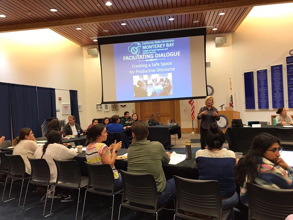 Dean Britt Rios-Ellis speaks to CSUMB Master of Social Work students about facilitating meaningful dialogue.