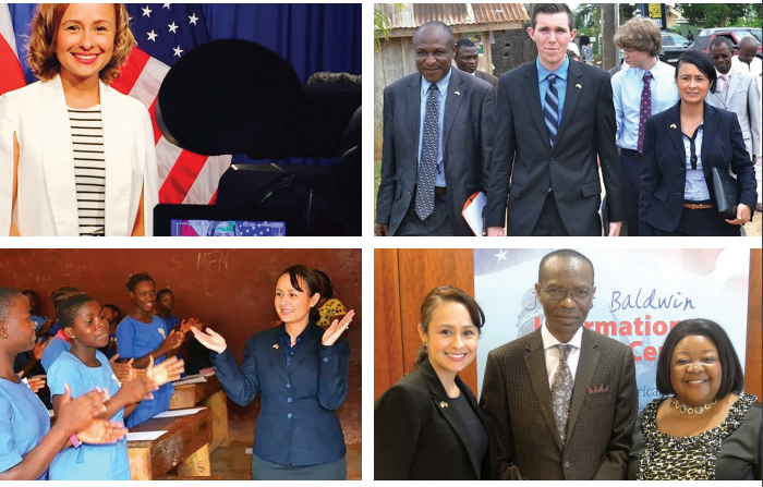 Four pictures of Schultz working as a foreign diplomat for the United States.