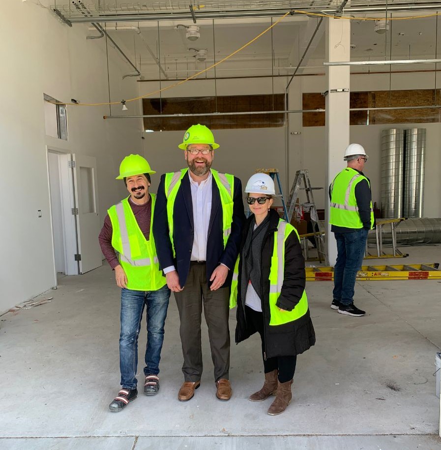 (From left) VPA Associate Professor Hector Dionicio Mendoza, CAHSS Interim Dean Andrew Drummond, and VPA Chair Angelica Muro at Building 70 during renovations.