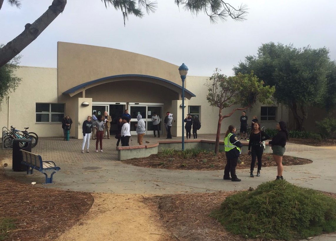 Students gather outside of the Otter Student Union during the Great Shakeout drill at CSUMB on Oct. 19.