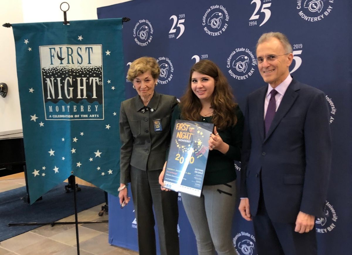 CSUMB graphic design student Viridiana Gallardo shows her artwork alongside Susan Britton and CSUMB President, Eduardo M. Ochoa.