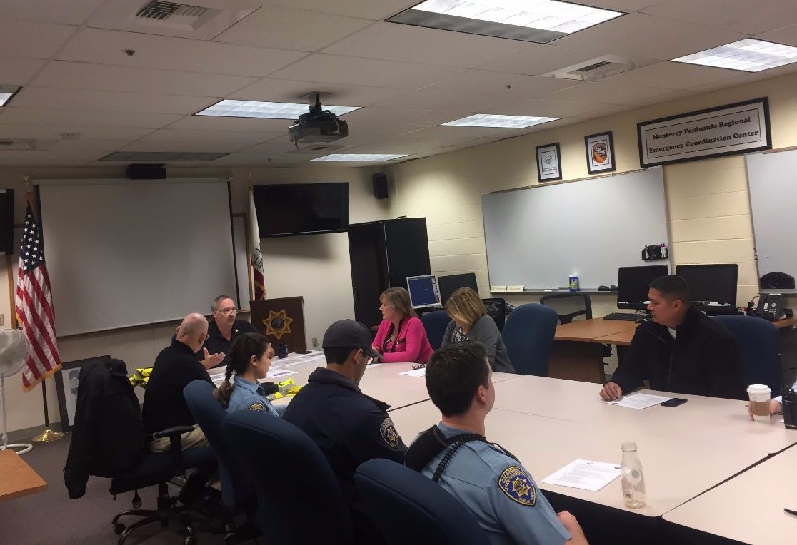 CSUMB Emergency Manager Ken Folsom briefs University Police Department staff prior to the Great Shakeout drill.