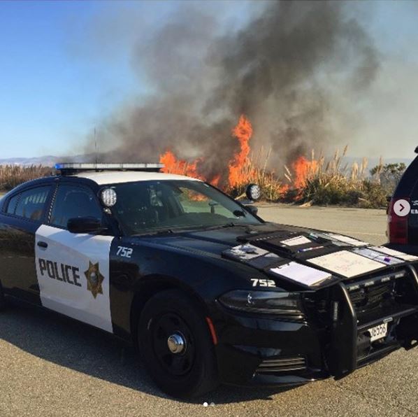 A University Police Department vehicle near a Blanco Road fire in 2019