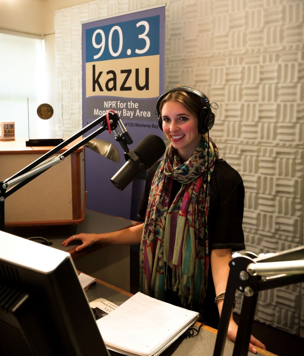 Erika Mahoney in the broadcast booth at 90.3 KAZU.