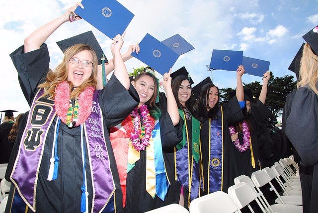 Graduation at CSUMB five girls holding up their diplomas