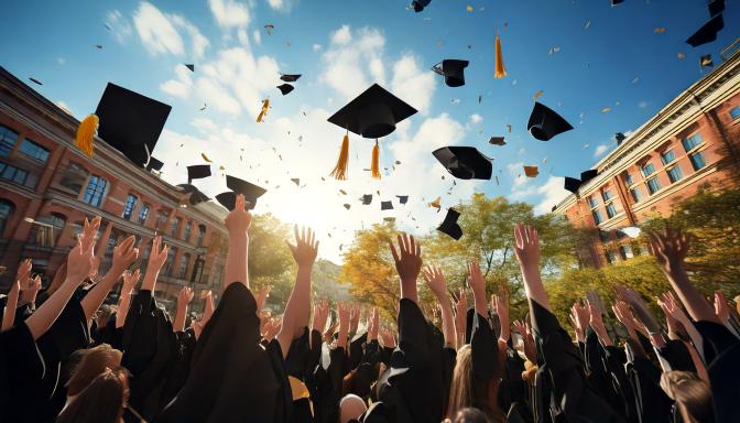 image of graduating students throwing hats into the air