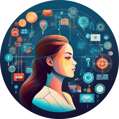 White female in profile with images of various job icons surrounding her