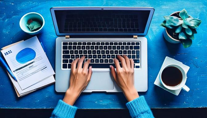 birds eye view of laptop with female hands typing with notes and coffee cup next to them, hues of blue are the overall theme