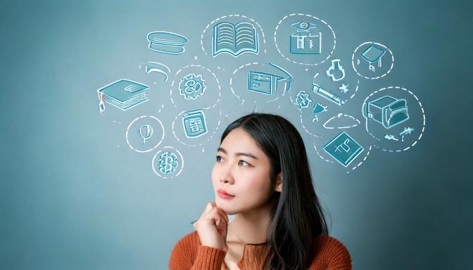 female with contemplating or questioning expression with icons representing college majors above her head