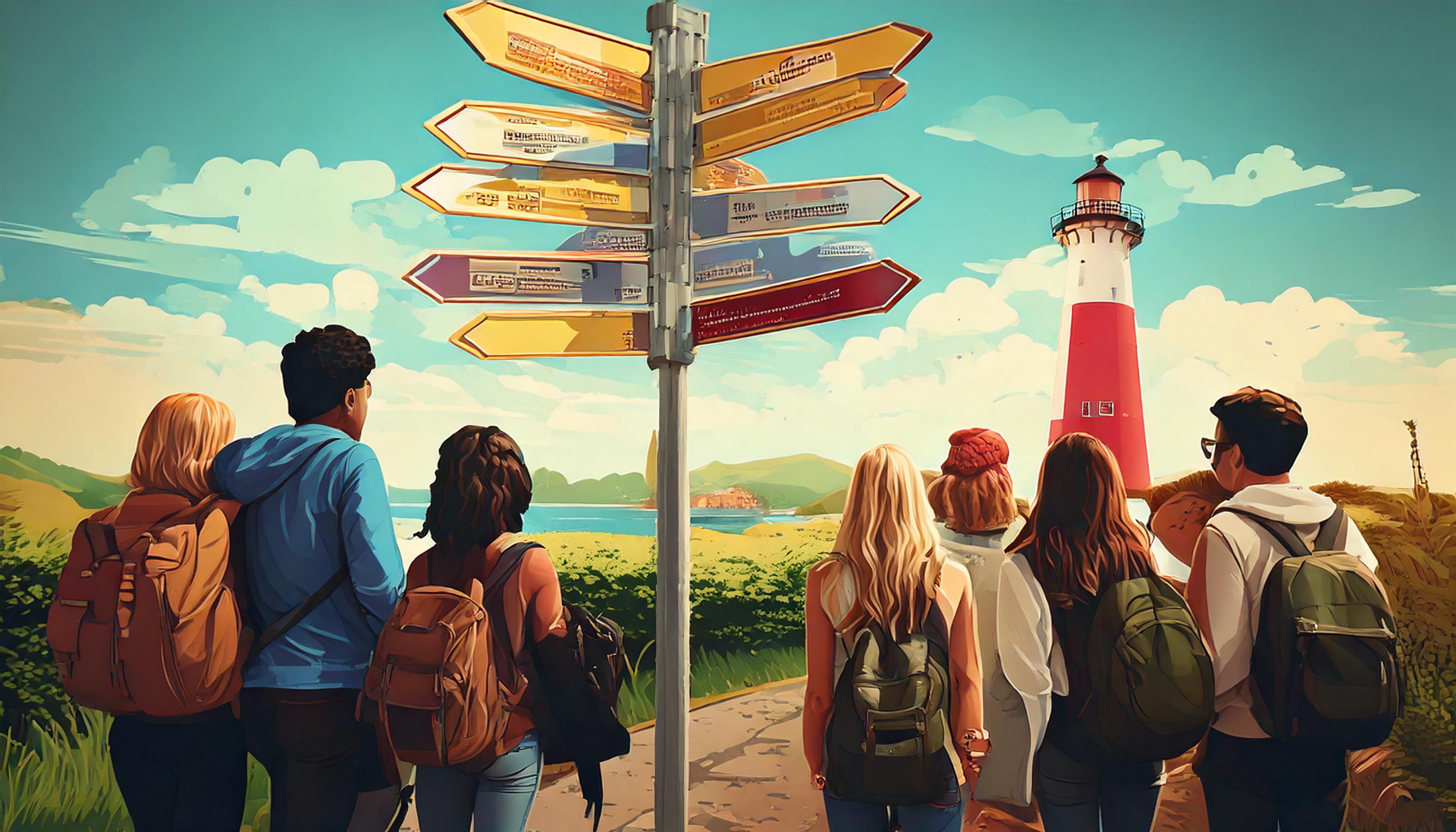 image of a street sign with many direction arrows, no words; college students of different skin tones looking up at the directions; a lighthouse in the center background behind the street sign