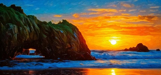 ocean beach scene at sunset in an impressionistic art style