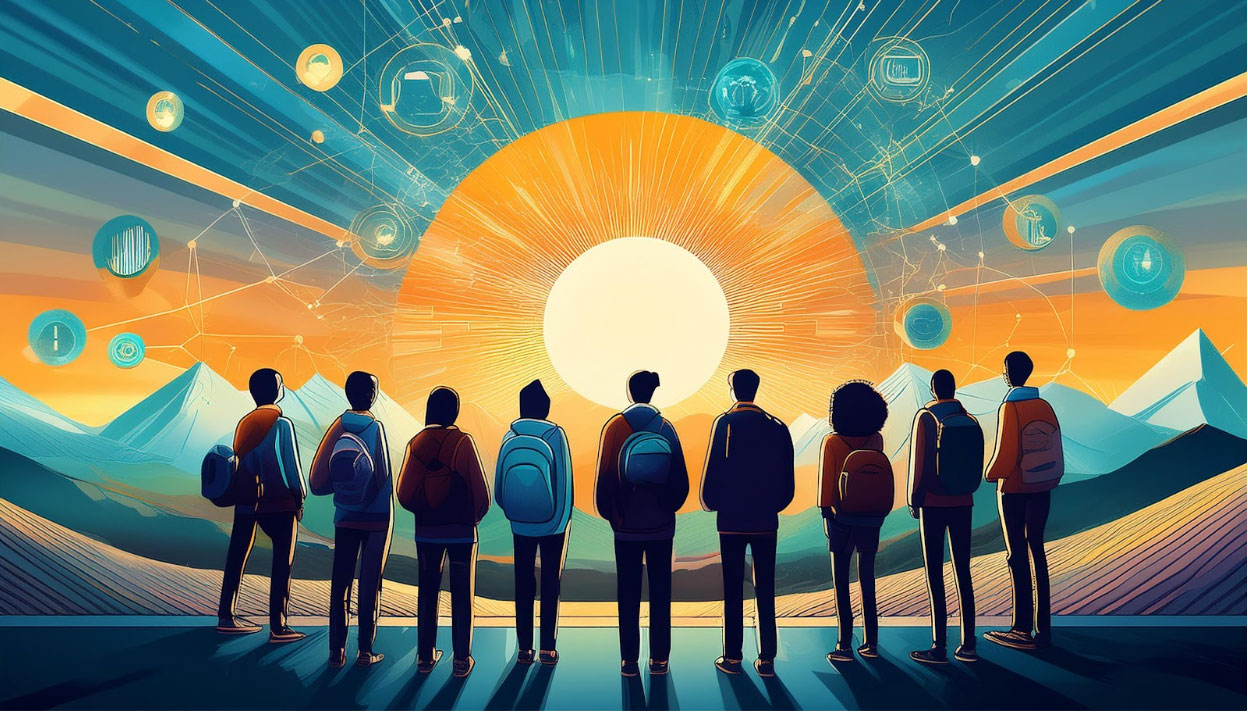 Illustration of a line of students gazing into the horizon of the setting sun