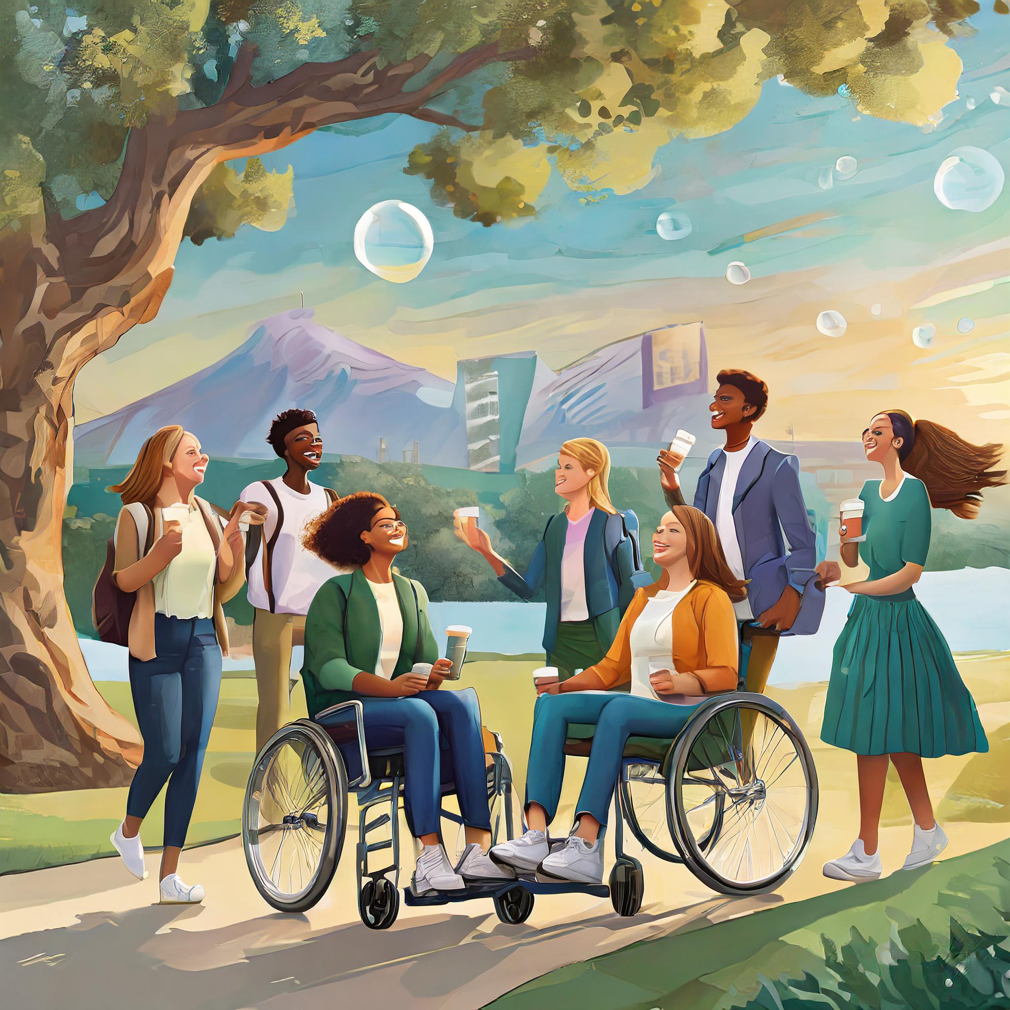 diverse group of college students playing with bubbles, dancing and laughing on campus; two students are in a wheelchair