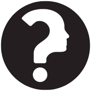 Black circular background with a white graphic depicting a face in sillouhette with a question mark embeded.