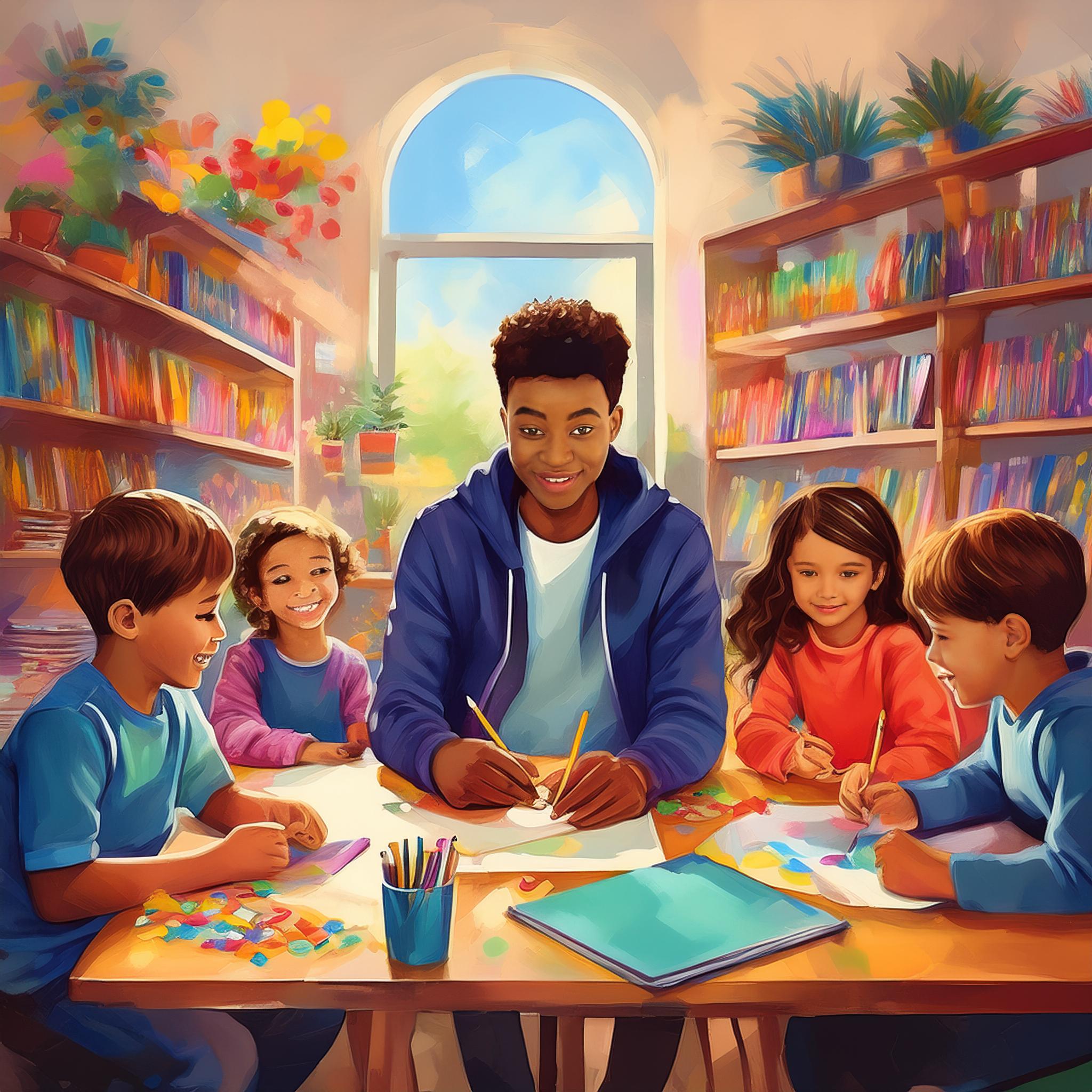 african american male college student sitting at a table with children making crafts