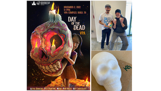 three photos, a sugar skull, two employees with their sugar skulls and a poster with child holding skull with candle announcing Day of the Dead at CSUMB