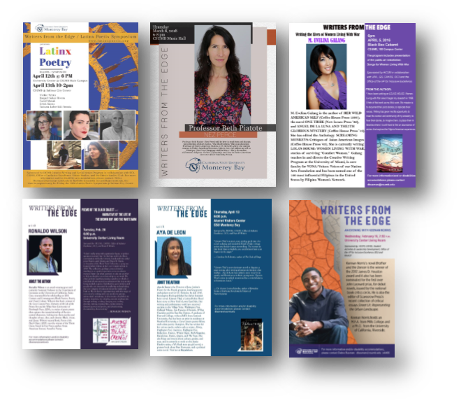 A collage of previous Writers from the Edge Speakers Posters