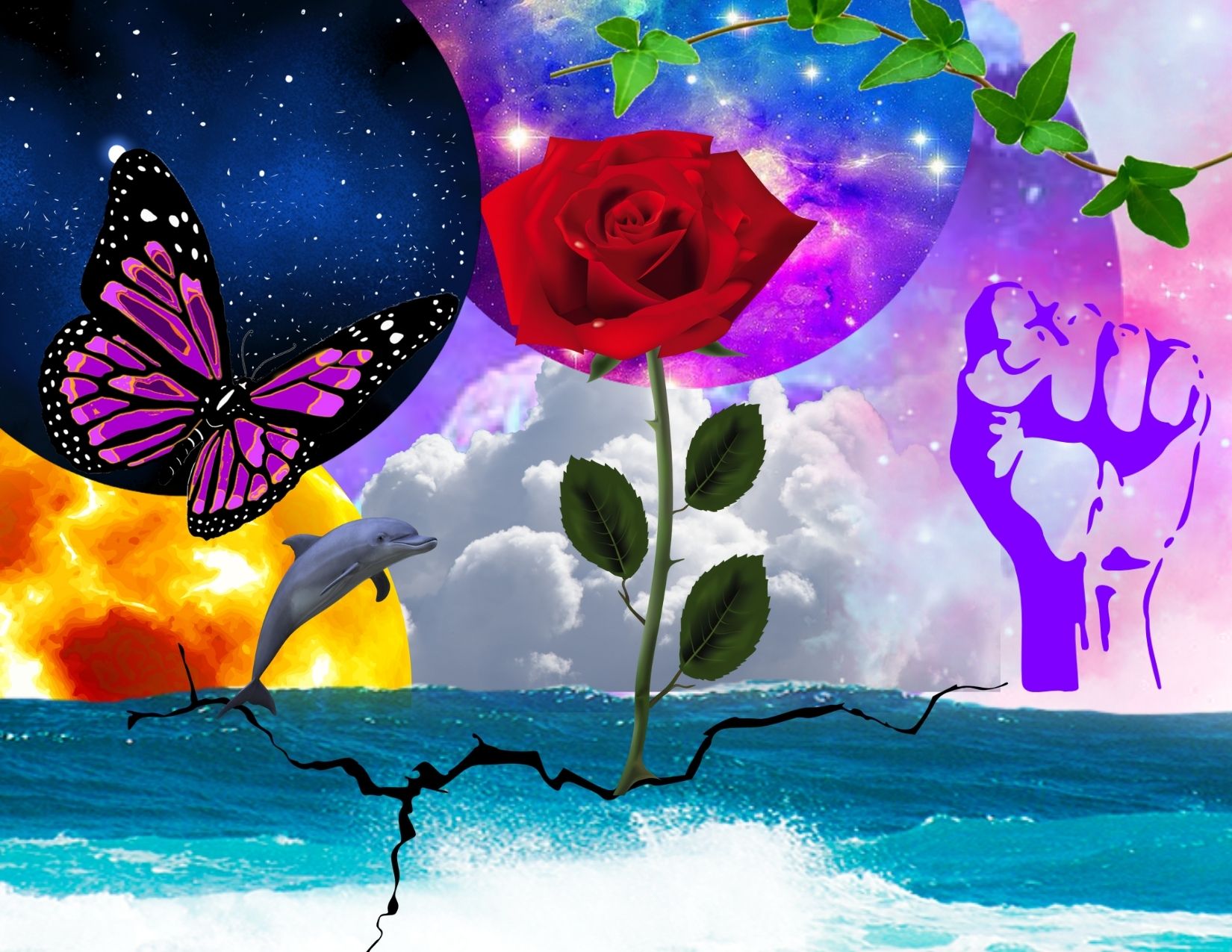 An imgage of an ocean with planets in the background. In the foreground there is a butterfly, a rose, a dolphin, and a fist.