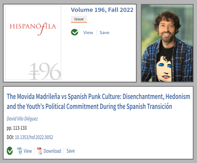 Dr David Vila Dieguez publication in Hispanofila on The Movida Madrileña vs Spanish Punk Culture