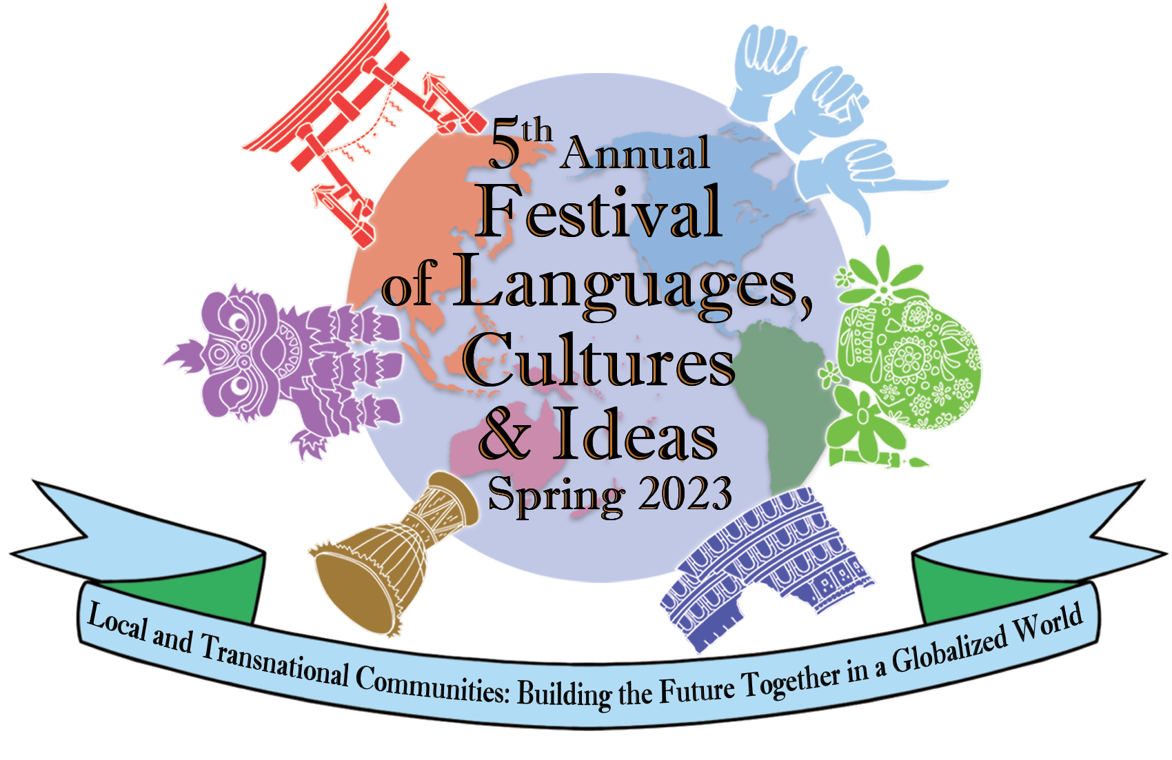 globe surrounded by dragon, tori, urn, ruins, skull, sign language, and text of 5th annual FLCI local and transnational communities: building the future together in a globalized world