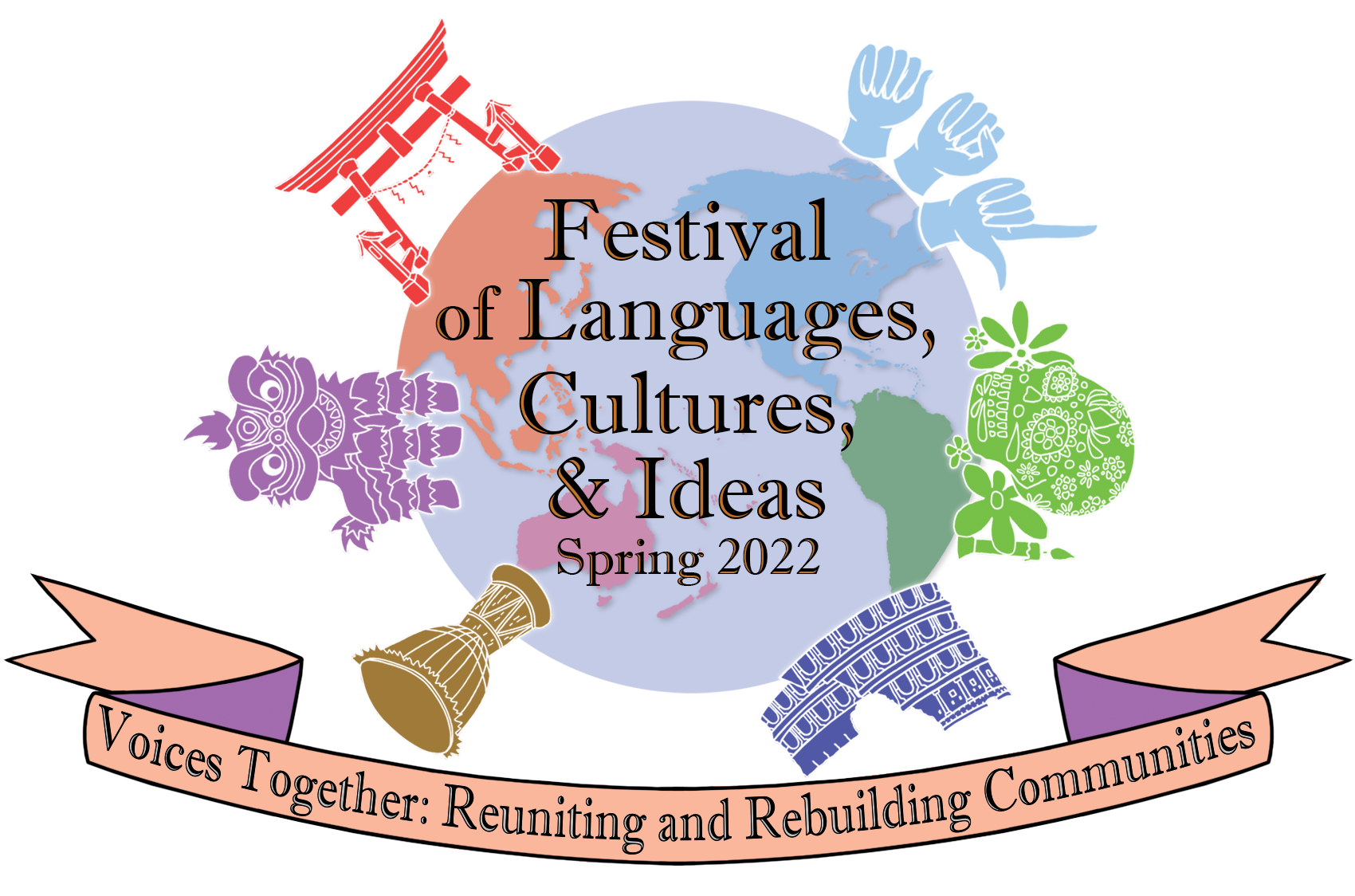 2022 Festival of Languages, Ideas and Cultures globe surrounded with various cultural images