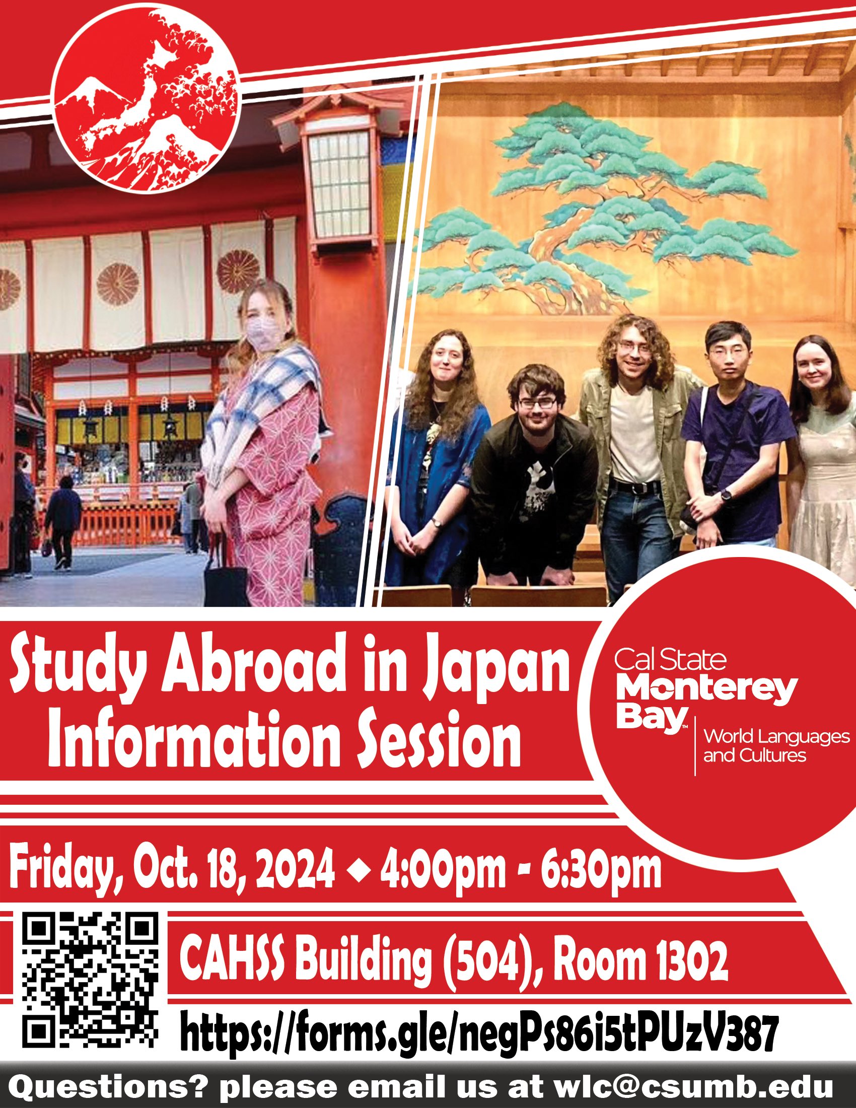 Flyer for study abroad in Japan info session featuring image of woman by temple gates and 5 students posing in front of tapestry for event on Oct 18 2024 4-6pm in 504/1302