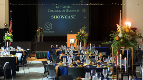 Decorated tables at College of Business Showcase Event in University Ballroom