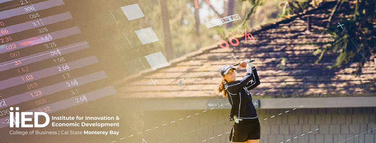 Alt text: A CSUMB student-athlete plays golf, captured mid-swing. In the background, digital data overlays display performance metrics such as swing speed, angle, and velocity, representing the future capabilities of the Athletic Performance Innovation Lab.