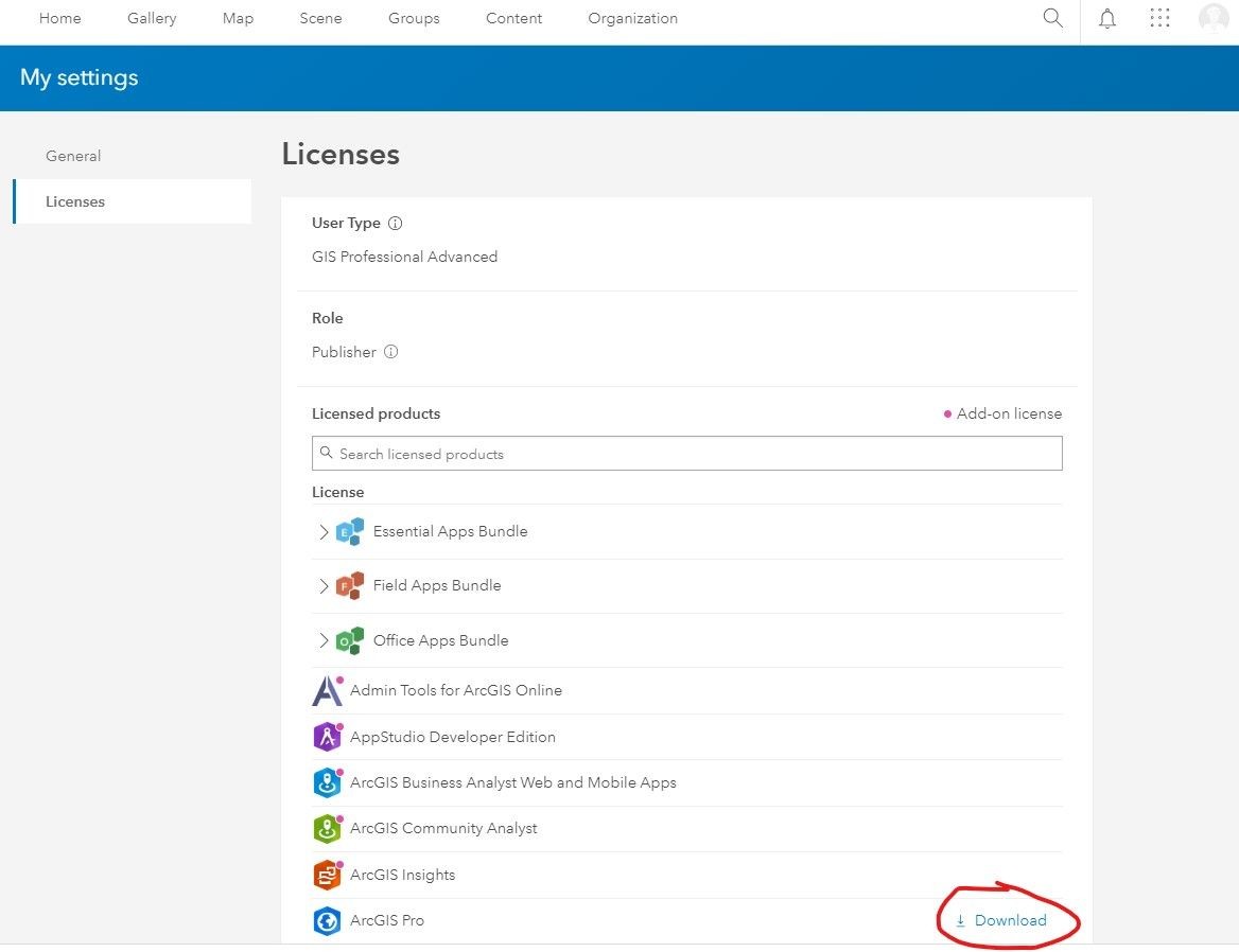 Software licenses list with ArcGIS Pro download link circled