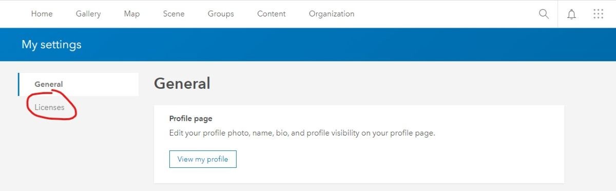 My Settings page with Licenses link circled