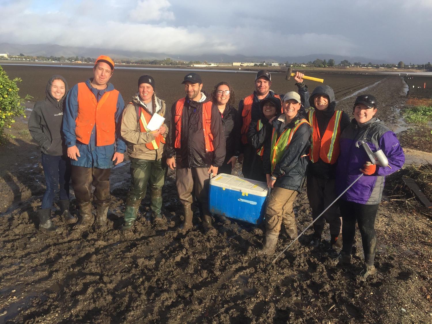Environmental Science graduate students conducting field work in the mud