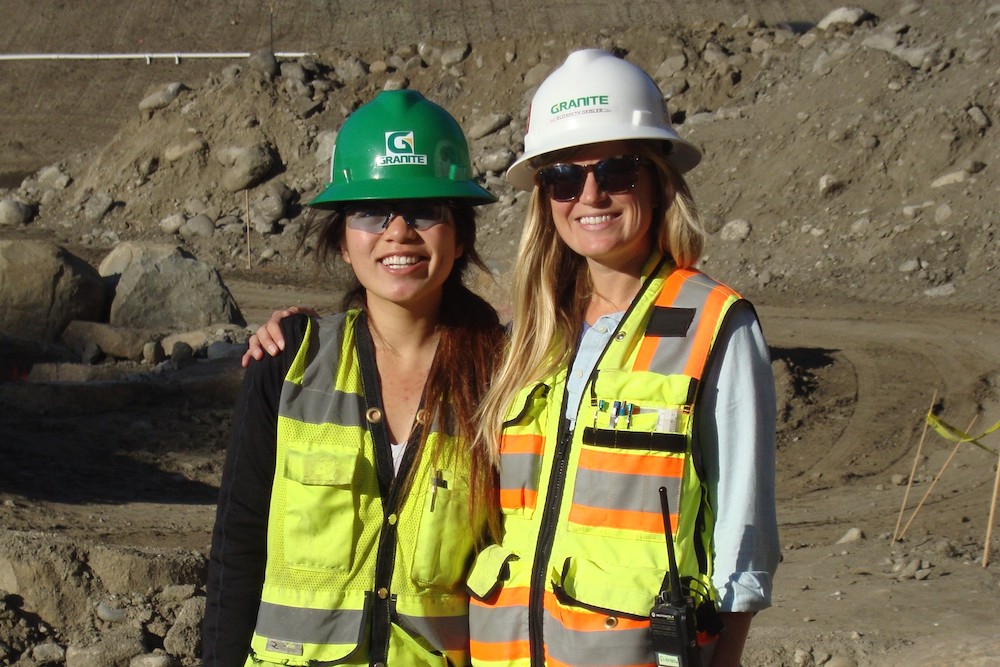 Environmental Science master's students posing in hard hats on a field trip