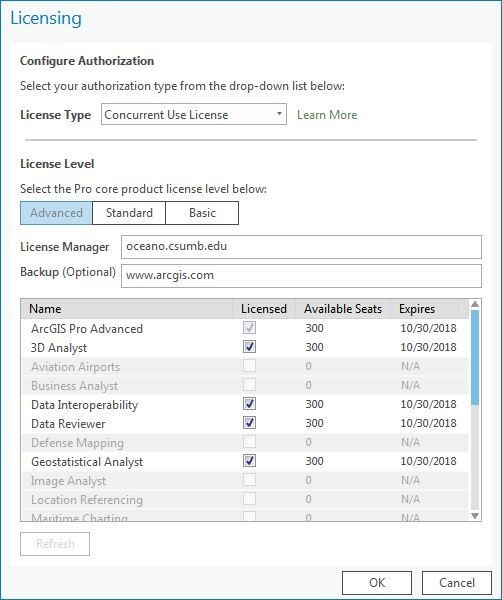 ArcGIS Pro Licensing interface set up for Concurrent Use License