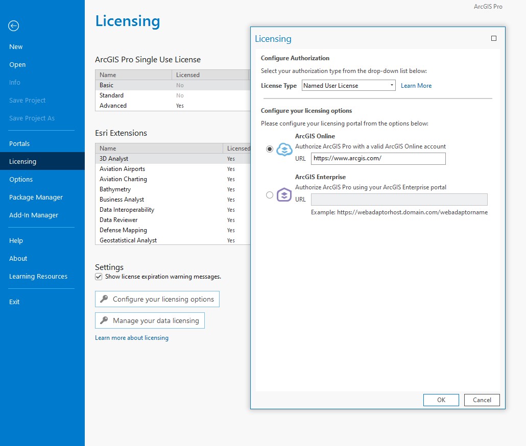 ArcGIS Pro Licensing settings- Choosing Named User