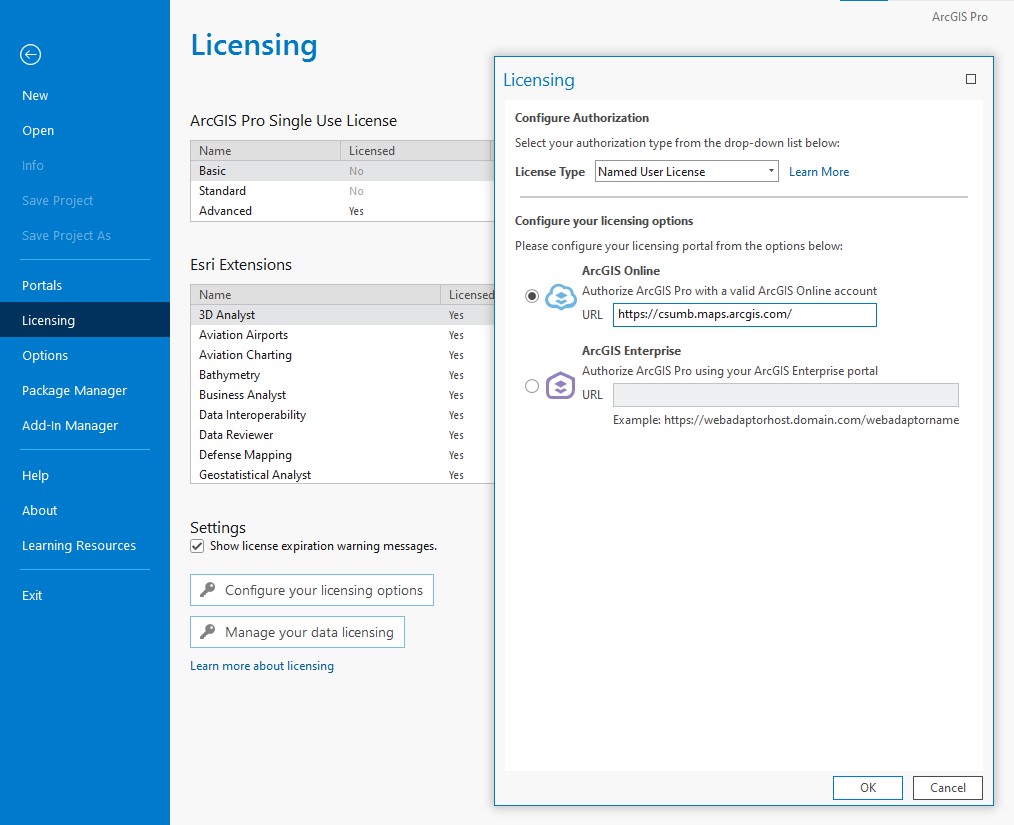 ArcGIS Pro Licensing settings- Setting AGOL org