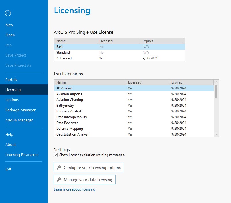 ArcGIS Pro Licensing settings- Main GUI