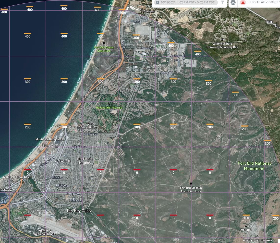 Image of CSUMB showing Monterey Regional Airport controlled airspace