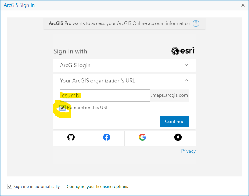 AGOL organization URL entry