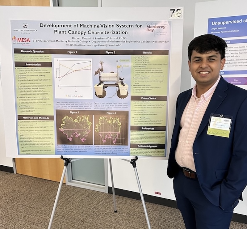 Male student standing near research poster presenting on machine vision system for plant canopy characterization