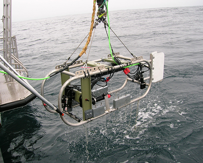 image of camera sled raised from a vessel