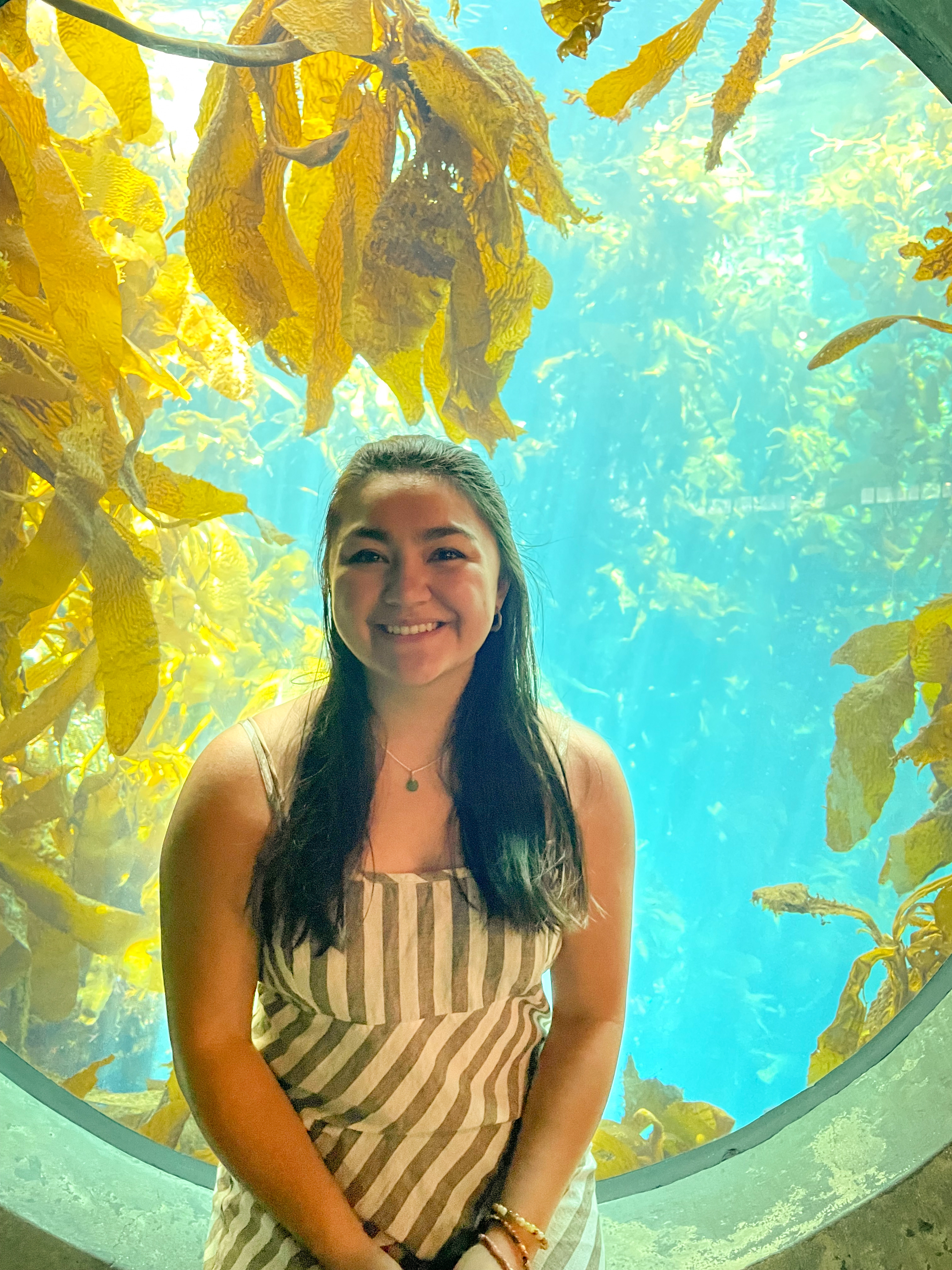 Woman standing in front of bright kelp forest exhibit