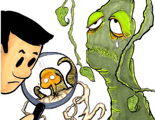 Man holding a magnifying glass examining a creature while a sad-faced plant looks on.