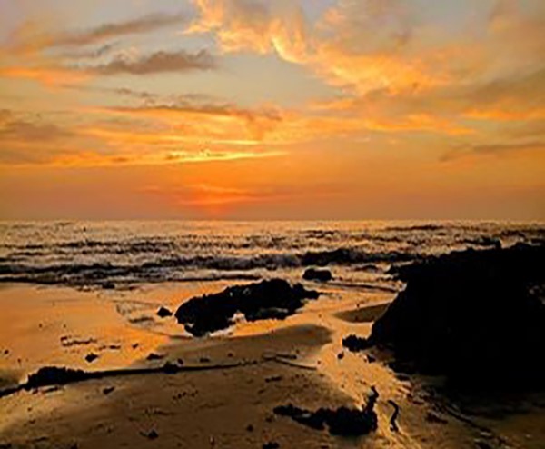 Sunset over the ocean with an orange sky, scattered clouds, and dark rocks on the wet sand in the foreground.