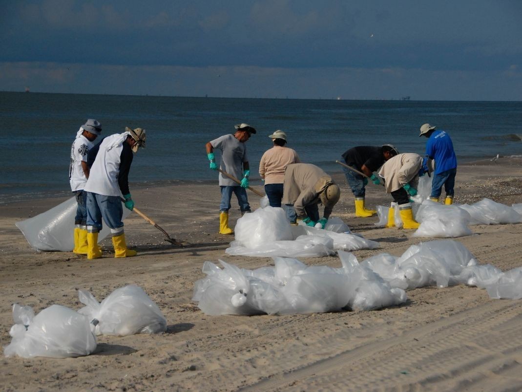 Volunteers pick up trash at a local beach
