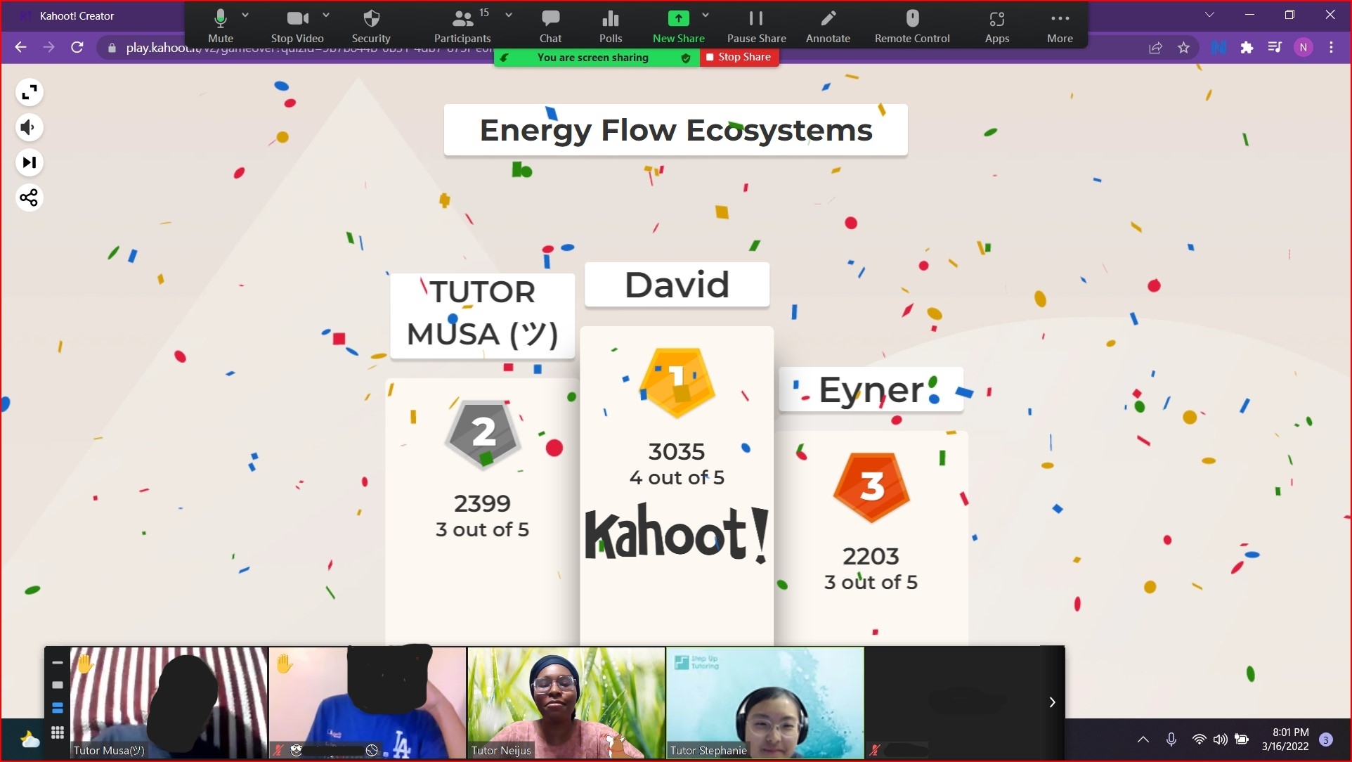 Neijus leads an online tutoring session while playing the game Kahoot with students