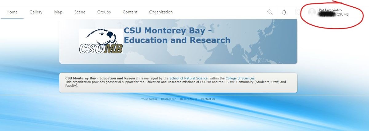 CSUMB Education and Research AGOL Home page with profile in corner circled